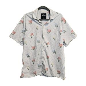 Hollister Men's Button-Up Shirt‎ Floral Print Short Sleeve White XL